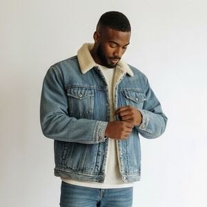 VTG Gap Jacket Mens Small Blue Denim Sherpa Lined‎ Work Force Trucker Retro 90s
